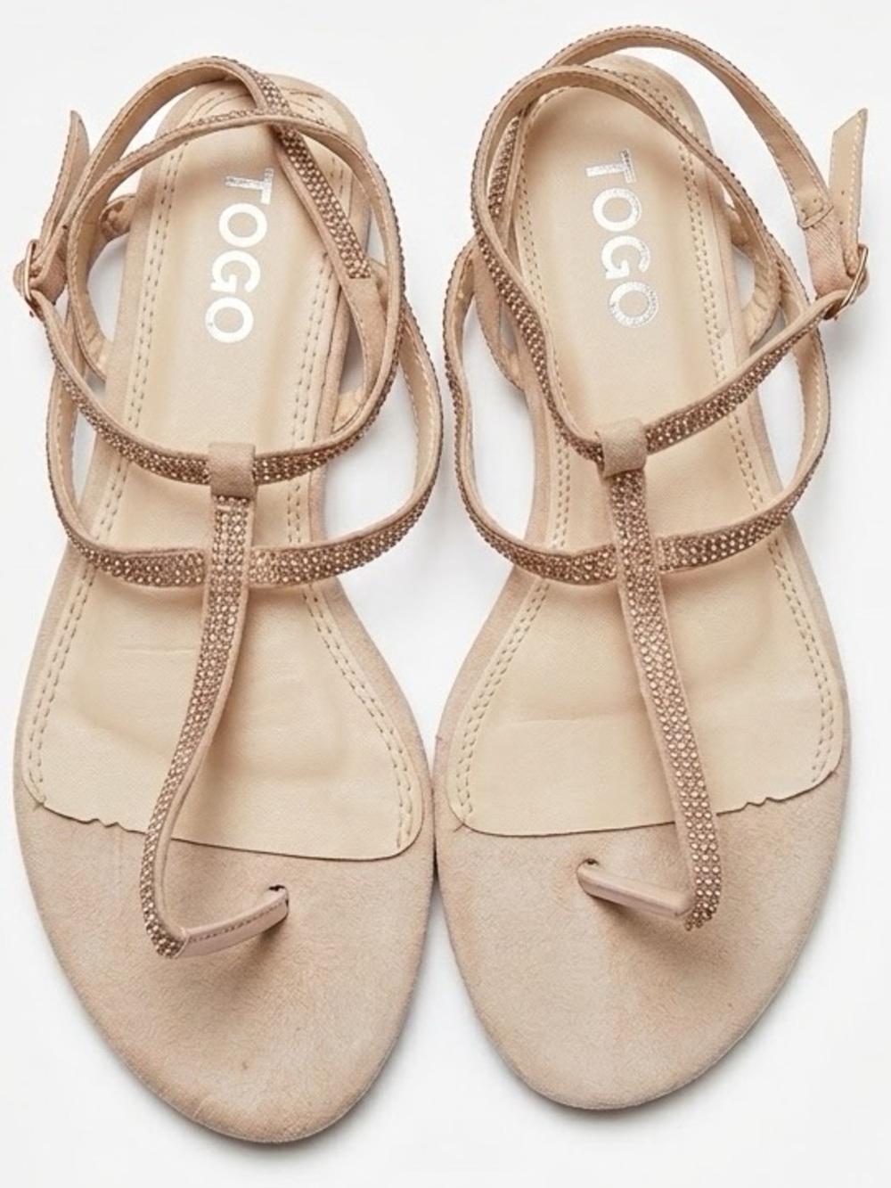 TOGO Embellished T-Strap Beige Suede Jeweled Flat Sandals size 8